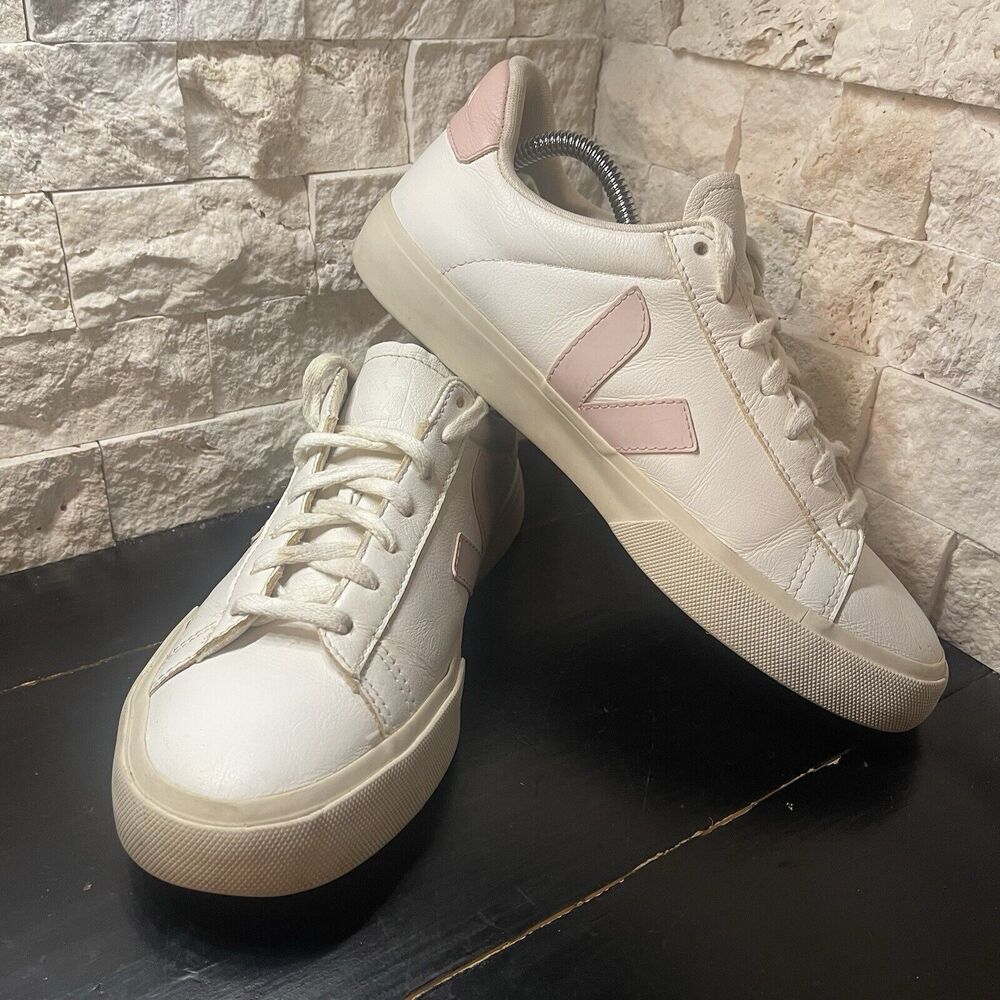 Veja Campo T2 White Leather Low Top Sneakers White Pink Womens Size US 10